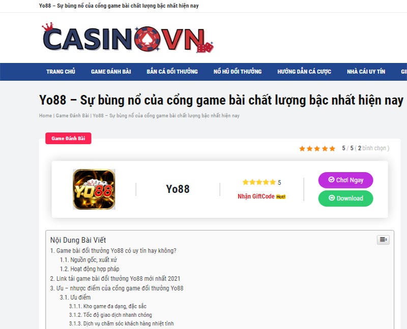 Casinovn nghĩ gì về cổng game bài đổi thưởng Yo88?